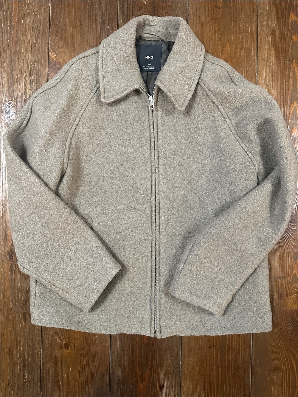 Mango Zip-Front Wool Blend Coat in Taupe/Green